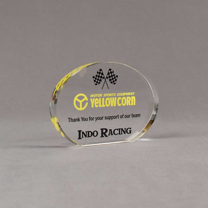 Angle view of Aspect™ 4" Oval™ Acrylic Award featuring Yellow Corn Motor Sports logo printed in full color with Indo Racing text.