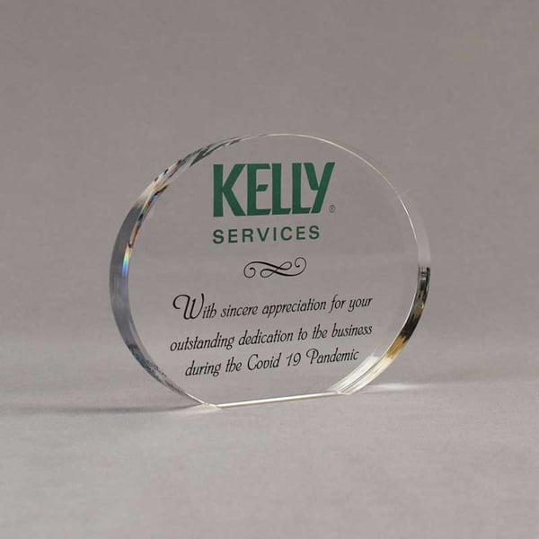 Angle view of Aspect™ 5" Oval™ Acrylic Award featuring full color Kelly Services logo and sincere appreciation text.