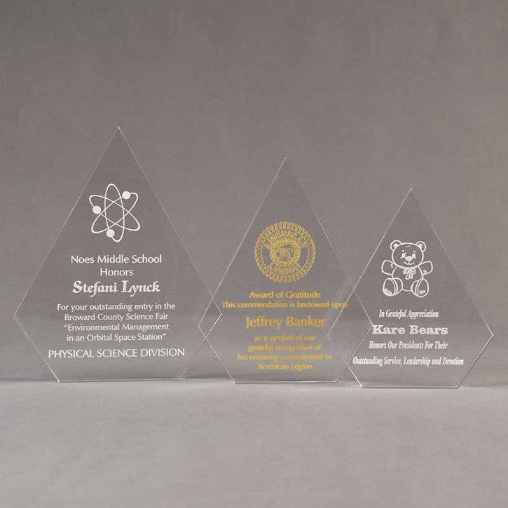 Aspect™ Peak Acrylic Award Grouping showing all three sizes of acrylic trophies.