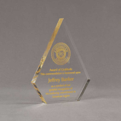 Angle view of Aspect™ 7" Peak™ Acrylic Award featuring printed American Legion logo and Award of Gratitude text.