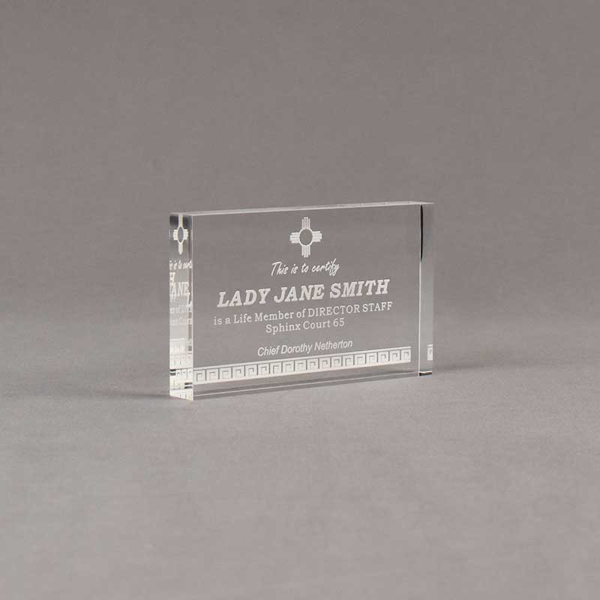Angle view of Aspect™ 5" Rectangle™ Acrylic Award featuring laser engraved Sphinx Court logo and Life Member text.