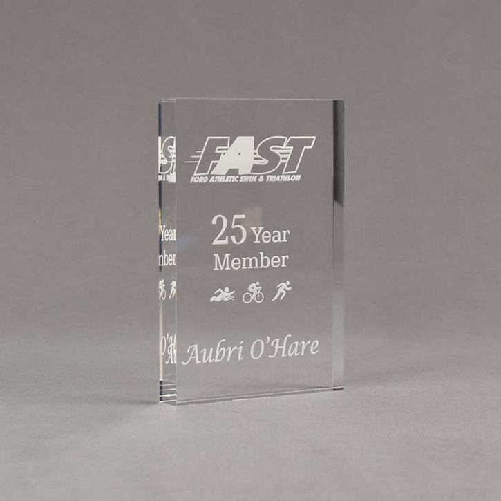 Angle view of Aspect™ 6" Rectangle™ Acrylic Award featuring laser engraved FAST logo with 25 Year Member text.