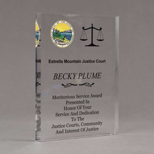 Angle view of Aspect™ 8" Rectangle™ Acrylic Award featuring Montana State Seal printed in full color with service and dedication text.