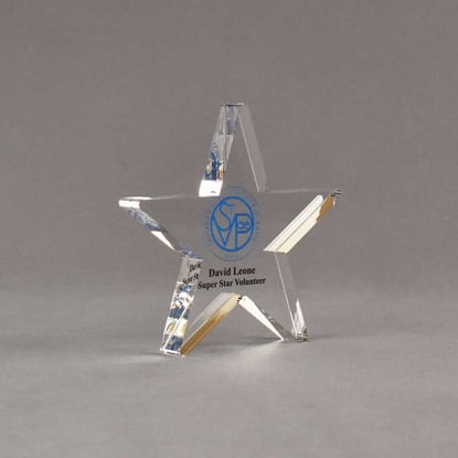 Angle view of Aspect™ 6" Shooting Star™ Acrylic Award featuring St. Vincent de Paul logo printed in full color with Super Star Volunteer text.