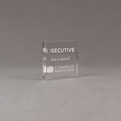 Angle view of Aspect™ 3" Square™ Acrylic Award featuring SECUTIVE logo laser engraved and Compass Benefits Group text.