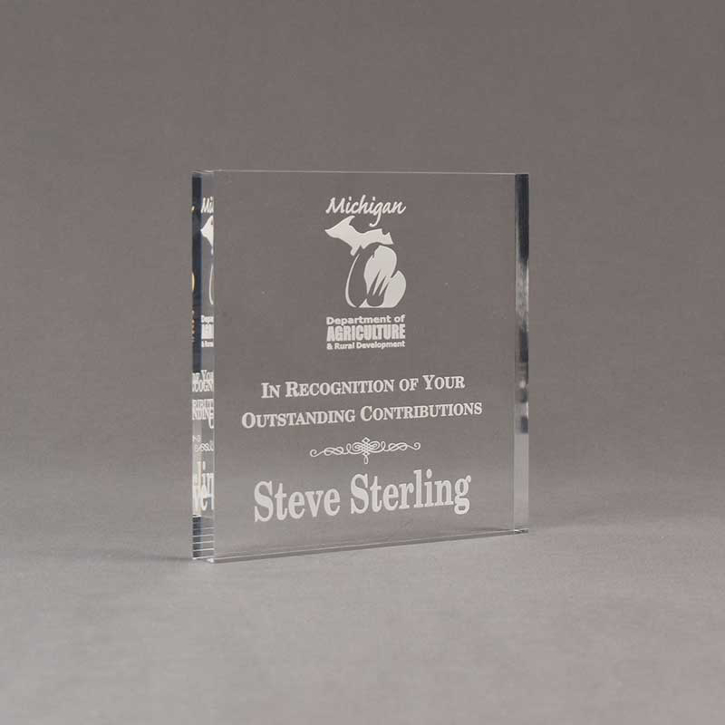 Angle view of Aspect™ 5" Square™ Acrylic Award featuring laser engraved Michigan Agriculture logo and outstanding contributions text.