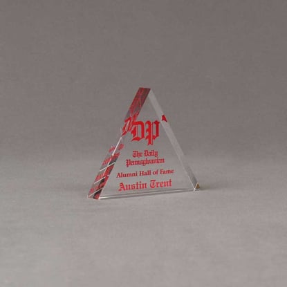Angle view of Aspect™ 4" Triangle™ Acrylic Award featuring the Daily Pennsylvanian logo printed in full color with Alumni Hall of Fame text.