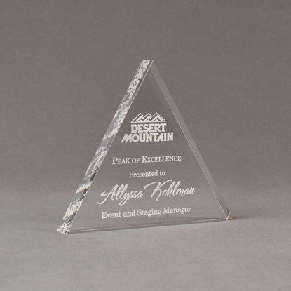 Angle view of Aspect™ 6" Triangle™ Acrylic Award featuring Desert Mountain logo laser engraved with Peak of Excellence text.