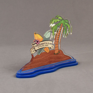 Angle view of 25 Square Inch Value Series LaserCut™ Acrylic Award with custom shape of palm tree and surf boards with Presidents Club text and logo.