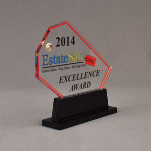 Angle view of 50 Square Inch Value Series LaserCut™ Acrylic Award with custom shape of Sale Ticket showing Estate Sale and Excellence Award Text.