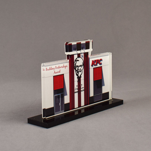 Angle view of 80 Square Inch Value Series LaserCut™ Acrylic Award with custom shape of Kentucky Fried Chicken Building Partnerships Logo.