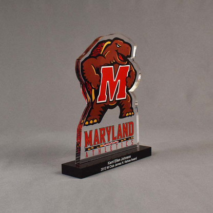 Angle view of 25 Square Inch Choice Series LaserCut™ Acrylic Award with custom shape of Maryland Athletics Turtle Mascot.