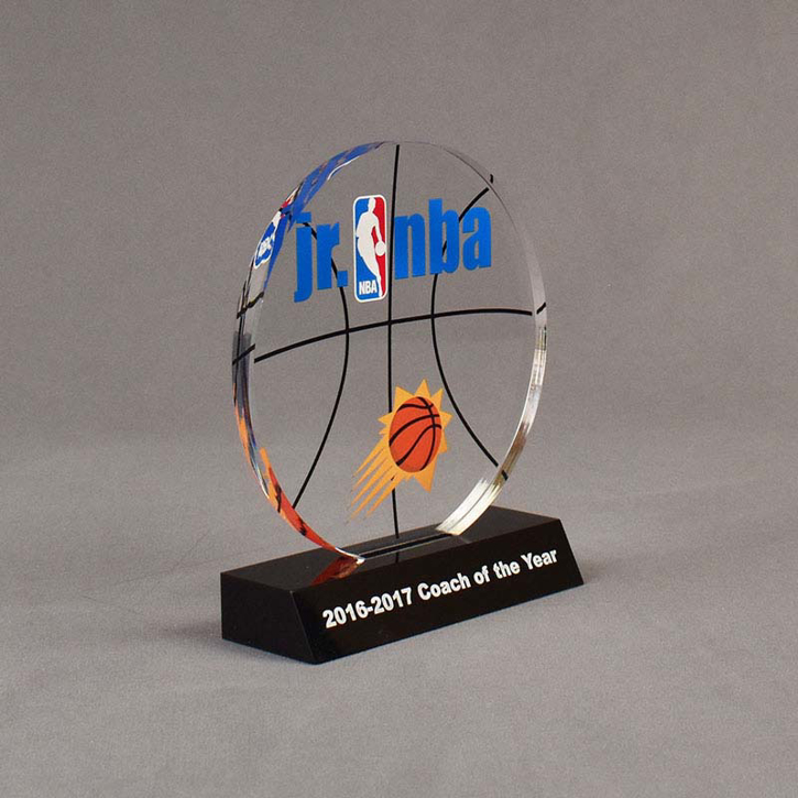 Angle view of 36 Square Inch Choice Series LaserCut™ Acrylic Award with custom shape of Jr. NBA Basketball Logo.