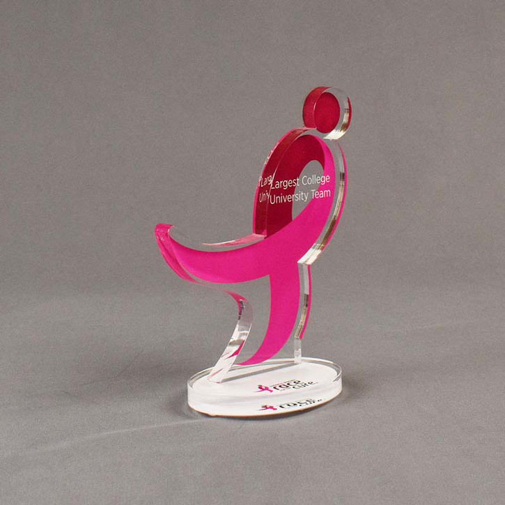 Angle view of 65 Square Inch Choice Series LaserCut™ Acrylic Award with custom shape of Race for the Cure pink ribbon and logo.