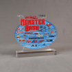 Front view of 80 Square Inch Choice Series LaserCut™ Acrylic Award with custom shape of Monster Bash event logo and sponsors.