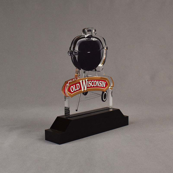 Angle view of 15 Square Inch Premiere Series LaserCut™ Acrylic Award with custom shape of Old Wisconsin Charcoal BBQ.