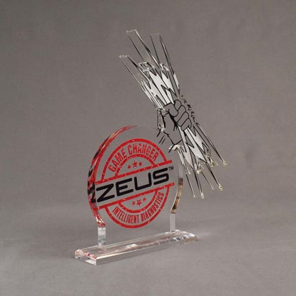 Angle view of 25 Square Inch Premiere Series LaserCut™ Acrylic Award with custom shape of Zeus Game Changer Intelligent Diagnostics Logo.