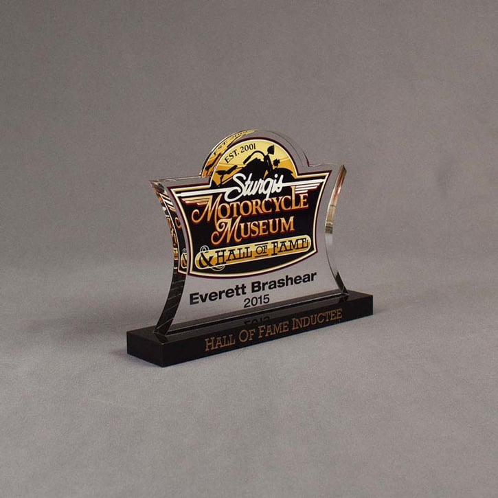 Angle view of 36 Square Inch Premiere Series LaserCut™ Acrylic Award with custom shape of Sturgis Motorcycle Museum Hall of Fame Logo.