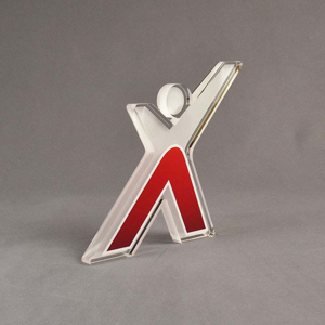 Angle view of 50 Square Inch Premiere Series LaserCut™ Acrylic Award with custom shape of X Man logo.