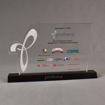 Front view of 80 Square Inch Premiere Series LaserCut™ Acrylic Award with custom shape of Prothena P logo and local tenant logos.