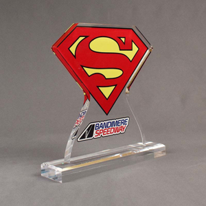 Angle view of 100 Square Inch Premiere Series LaserCut™ Acrylic Award with custom shape of Bandimere Speedway Superman logo.