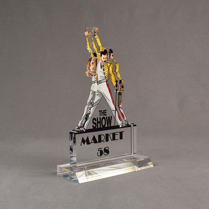 Angle view of 100 Square Inch Elite Series LaserCut™ Acrylic Award with custom shape of The Show Market 58 logo.