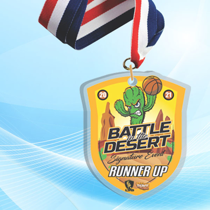 2" LaserCut Custom Acrylic Medal with UV printed Battle in the Desert event logo and red white and blue neck ribbon.