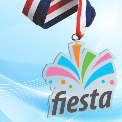 3" LaserCut Custom Acrylic Medal with UV printed Fiesta event logo and red white and blue neck ribbon.