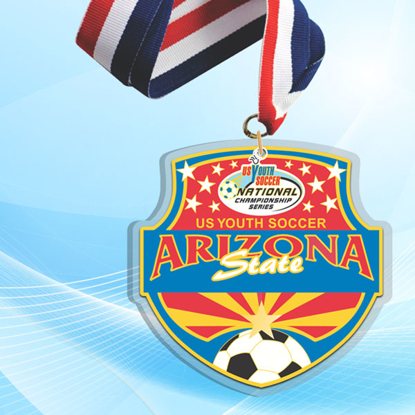 5" LaserCut Custom Acrylic Medal with UV printed US Youth Soccer event logo and red white and blue neck ribbon.