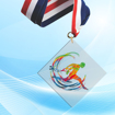 2" LaserCut Inverted Square Acrylic Medal with UV printed Cross Country event logo and red white and blue neck ribbon.