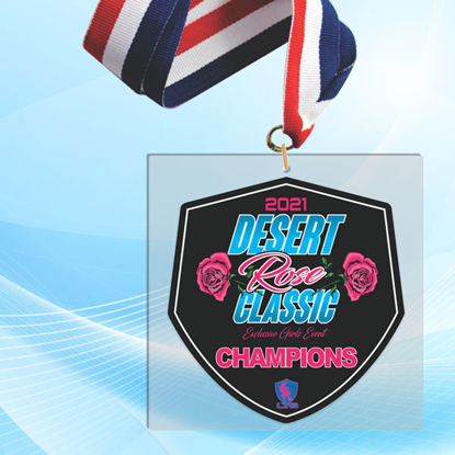 5" LaserCut Square Acrylic Medal with UV printed Desert Rose Classic event logo and red white and blue neck ribbon.
