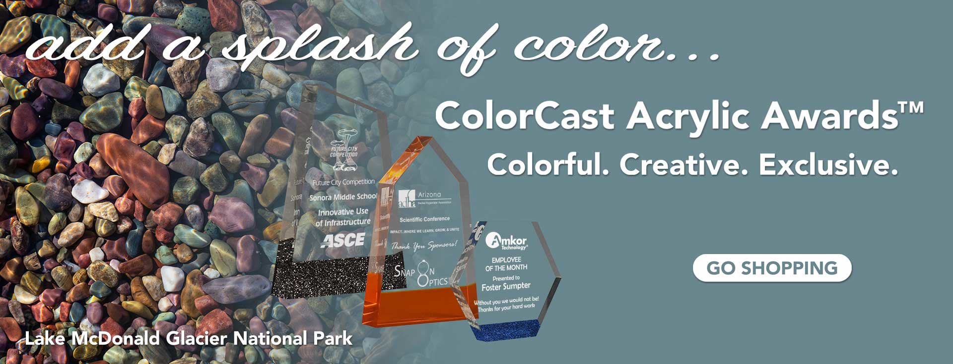 Three colorful ColorCast™ Acrylic Awards with text — Acrylic trophies engraved and shipped fast - add a splash of color...