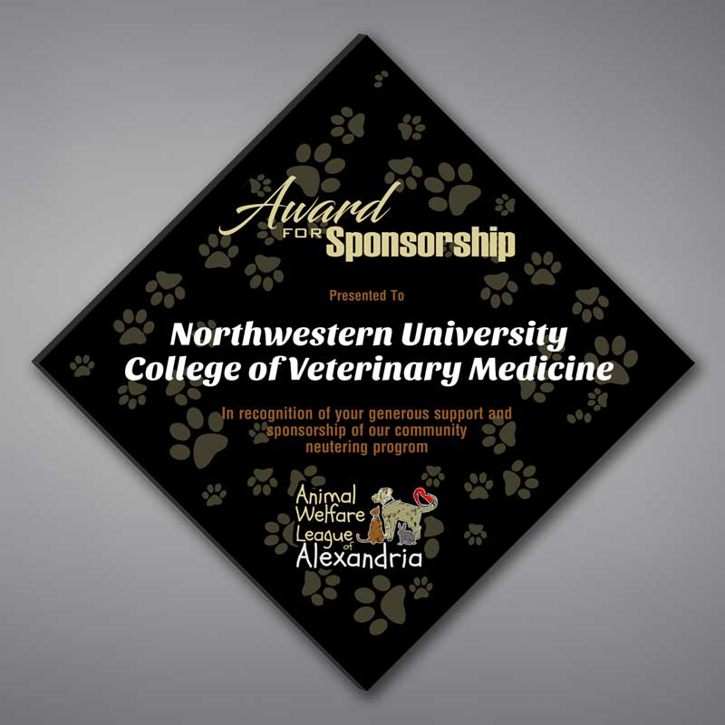 Adamas Acrylic Plaque shown 16" tall with black background and full color imprint of Northwestern University logo.