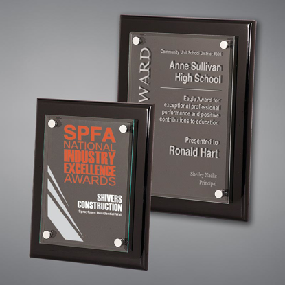 Black Piano Finished Plaques with acrylic cover held gracefully over plaque board with aluminum standoffs.