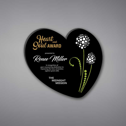 Heart Shaped Acrylic Plaque 8" made of black acrylic and printed with The Midnight Mission Logo