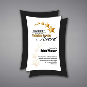 Concave Acrylic Plaque shown 13" tall with white acrylic face plate and black concave background printed with Governor's Services Award.