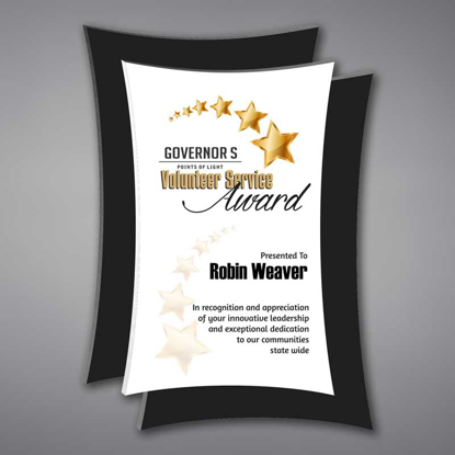 Concave Acrylic Plaque shown 16" tall with white acrylic face plate and black concave background printed with Governor's Services Award.