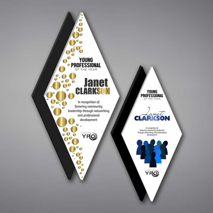 Two Diamond Acrylic Plaques featuring unique floating design and full color imprint of Young Professional of the Year Award