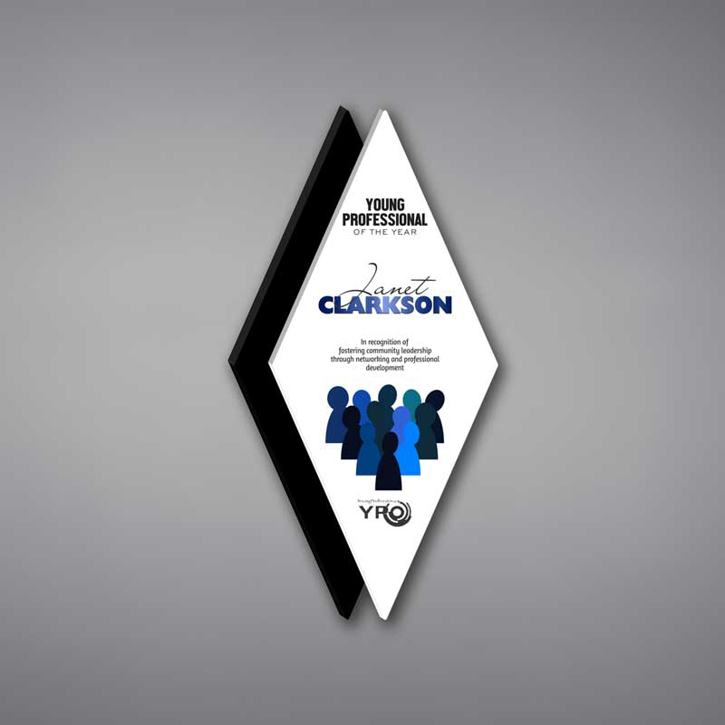 Diamond Acrylic Plaque shown 15" tall with a white acrylic face plate and black diamond background printed with Young Professional of the Year Award