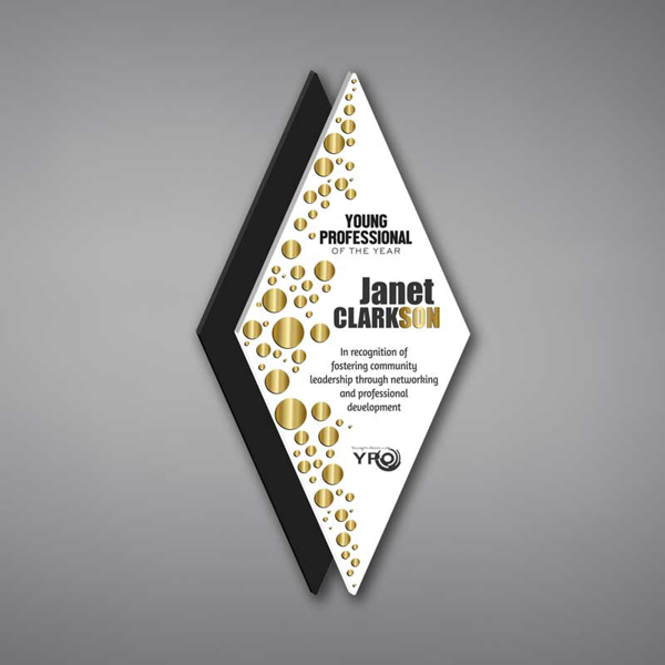Diamond Acrylic Plaque shown 17" tall with a white acrylic face plate and black diamond background printed with Young Professional of the Year Award