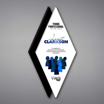 Diamond Acrylic Plaque shown 19" tall with a white acrylic face plate and black diamond background printed with Young Professional of the Year Award