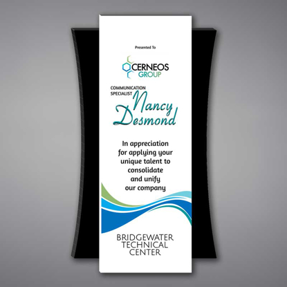 Plank Acrylic Plaque shown 17" tall with a white acrylic face plate eclipsing a black acrylic concave back with Cerneos Group logo printed.