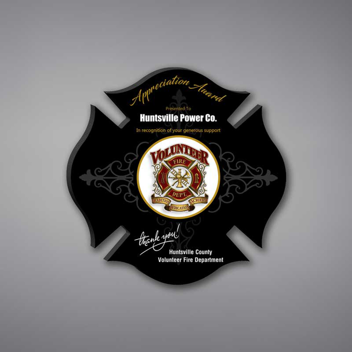 Maltese Cross Shaped Acrylic Plaque 10" made of black acrylic and printed with Volunteer Fire Department Appreciation Award logo and text.