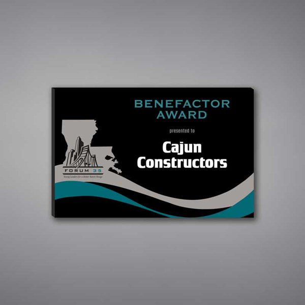 Rectangle Shaped Acrylic Plaque 9" made of black acrylic and printed with Forum 35 Logo and appreciation text.