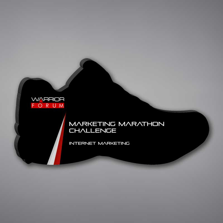 Shoe Shaped Acrylic Plaque 13" made of black acrylic and printed with Warrior Forum Marketing Marathon logo and text.