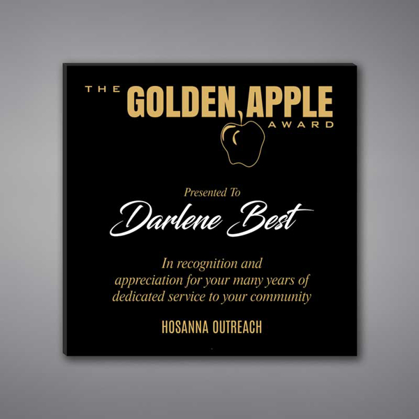 Square Shaped Acrylic Plaque 10" made of black acrylic and printed with The Golden Apple Award logo and text.