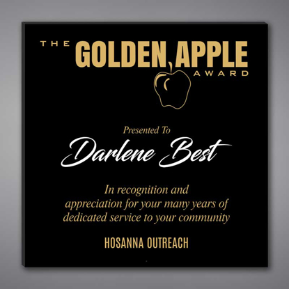 Square Shaped Acrylic Plaque 12" made of black acrylic and printed with The Golden Apple Award logo and text.