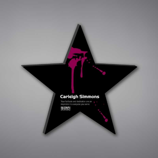 Star Shaped Acrylic Plaque 10" made of black acrylic and printed with ZAP Is You logo and appreciation text.