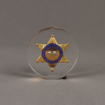 Front view of 5" Circle Lucite® Badge Embedment with star shaped sheriffs service badge cast inside clear acrylic.