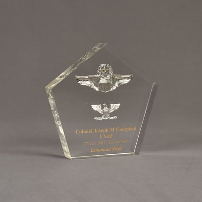Angle view of Pentagon Lucite® Badge Embedment with USAF Flight Wings cast inside clear acrylic.